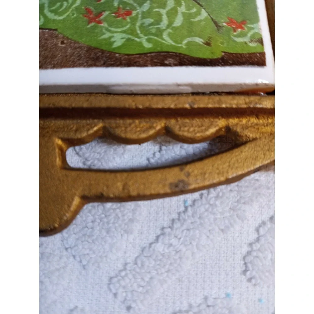 Gold Rooster Handle Cast Iron Vtg Fruit Tile Trivet Hot Plate 13